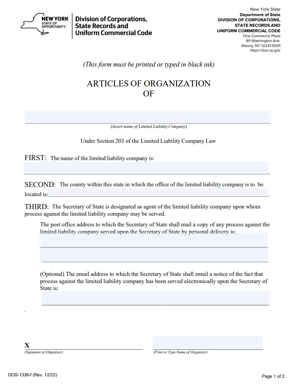 Starting a New York LLC: Your 2026 Step-by-Step Guide 2 New York LLC Articles of Organization DOS-1336-f form