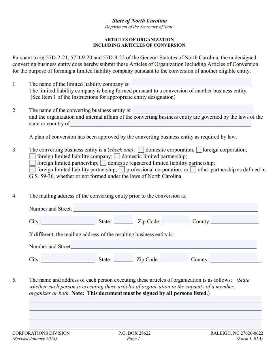 North Carolina Articles of Organization filing form for LLC formation