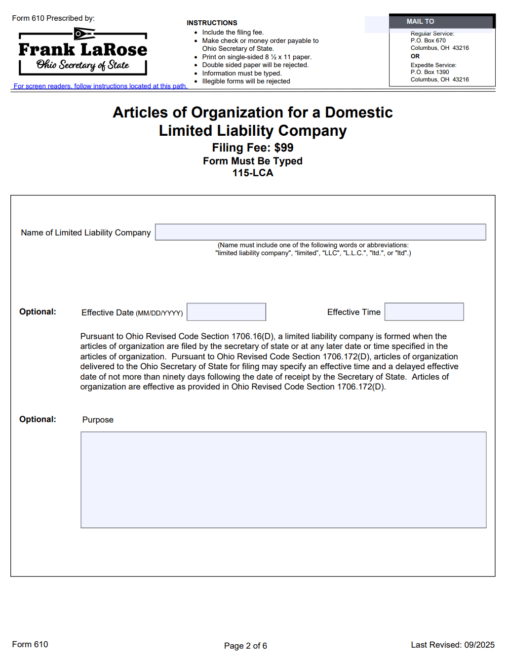 Ohio LLC Articles of Organization (Form 610)