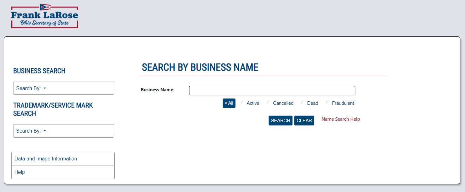 Ohio LLC business name search page