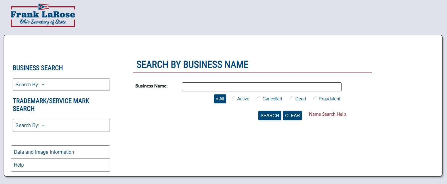 Ohio LLC business name search page
