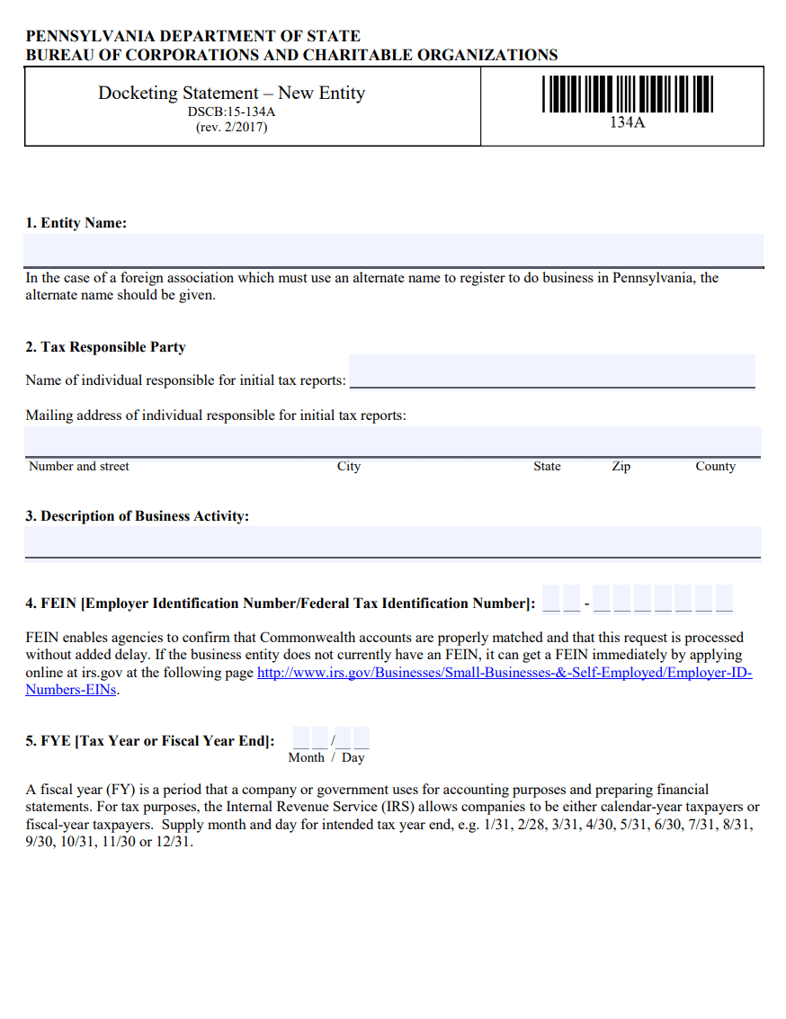 Pennsylvania LLC Docketing Statement Form DSCB:15-134A