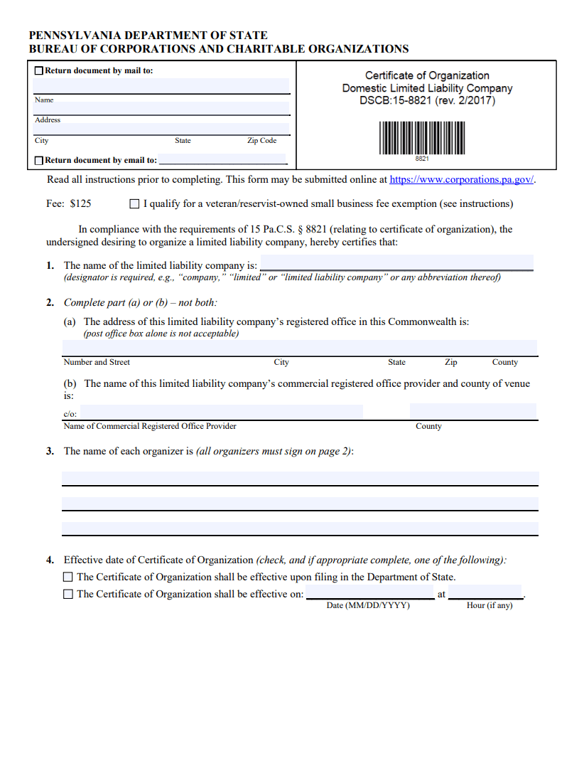 Pennsylvania LLC Certificate of Organization Form DSCB:15-8821
