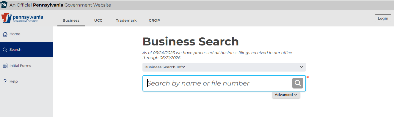 Pennsylvania Business Search LLC name lookup screen