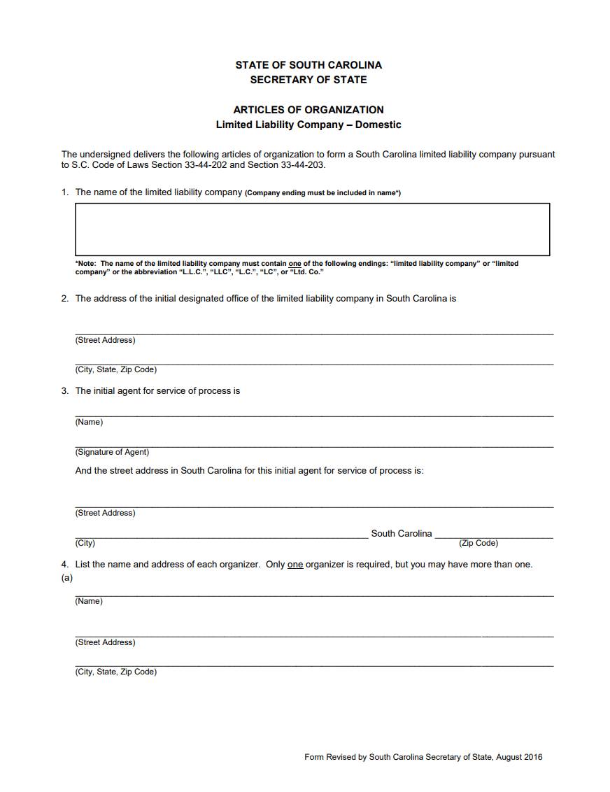 How to Start a South Carolina LLC: Cost, Filing, and Steps 2 South Carolina LLC Articles of Organization form filed with the Secretary of State
