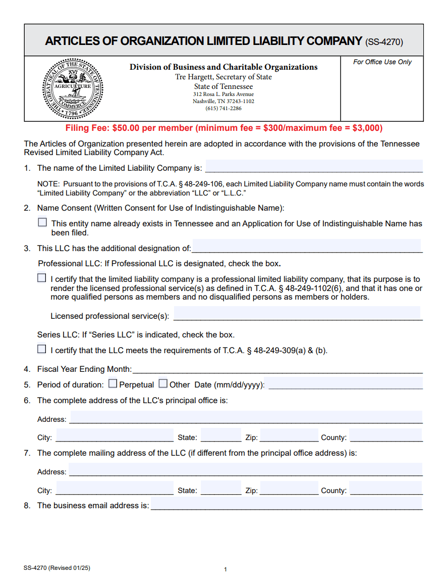 How to Start a Tennessee LLC, Step by Step in 2026 2 Tennessee LLC Articles of Organization SS-4270 form