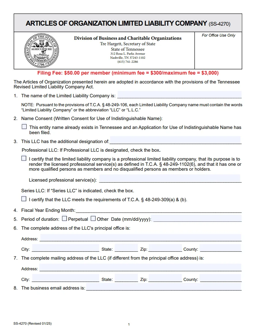 Tennessee LLC Articles of Organization SS-4270 form