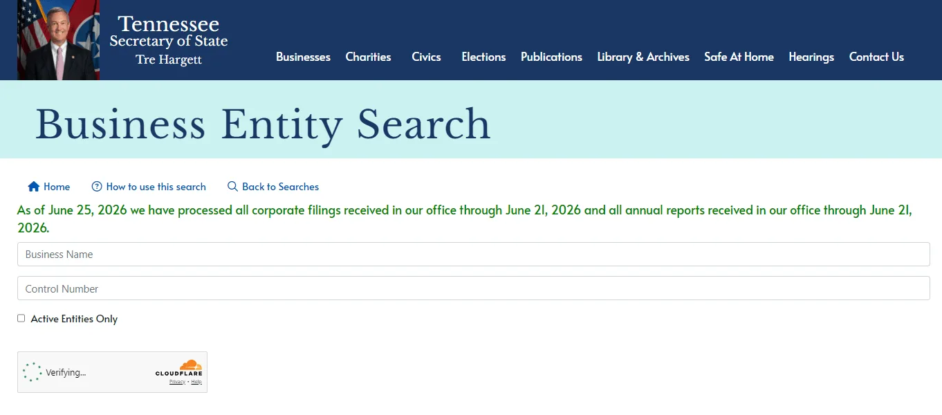 Tennessee LLC name availability search on the state business records