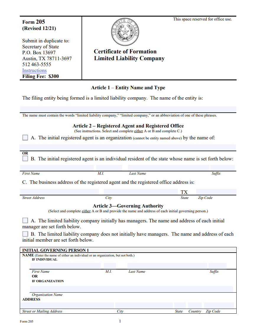How to Start an LLC in Texas: Your Step-by-Step 2026 Guide 2 Texas LLC Certificate of Formation Form 205