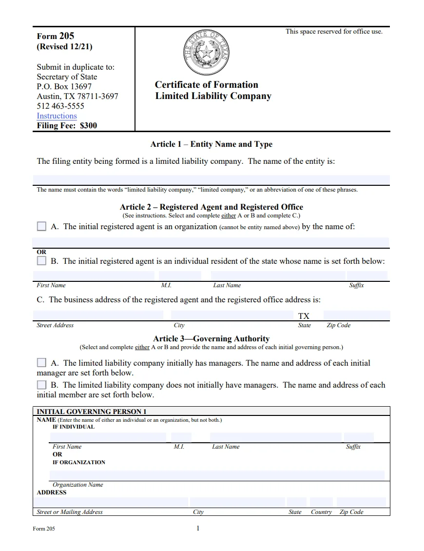 Texas LLC Certificate of Formation Form 205