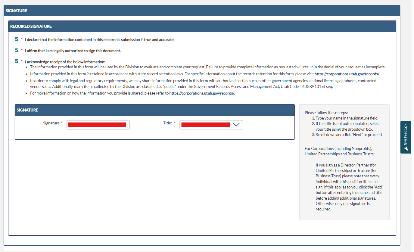 Utah LLC Annual Report: 2026 Fee, Deadline & Filing Steps 5 Utah LLC annual report authorized signer screen