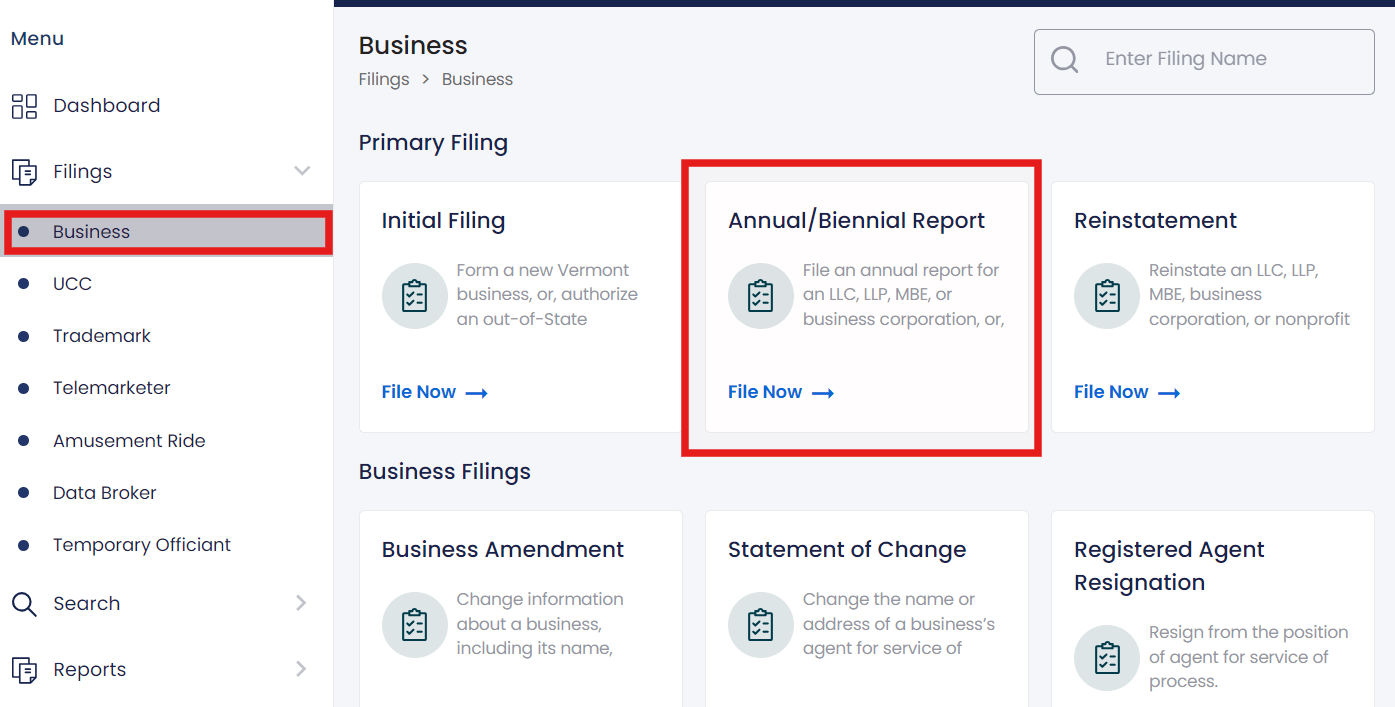 Vermont LLC Annual Report: 2026 Filing Requirements 2 Vermont annual biennial report filing menu