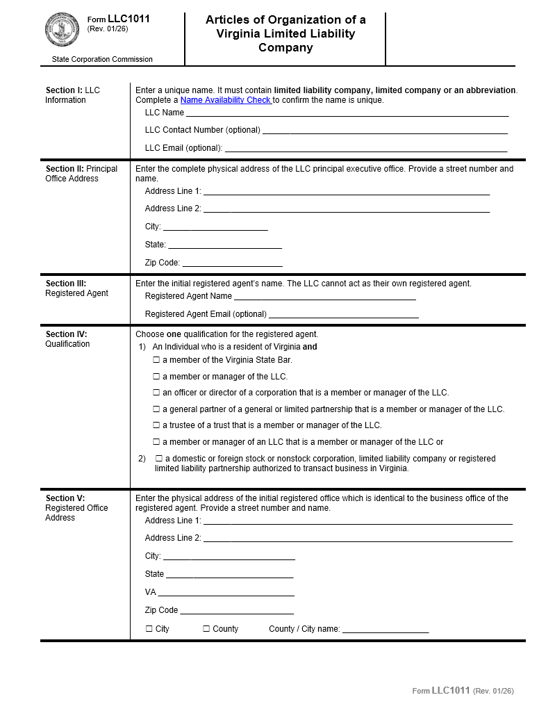 Virginia LLC Articles of Organization Form LLC1011 filed through CIS