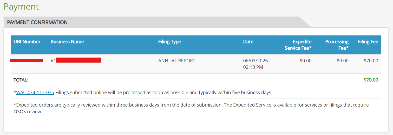 Washington LLC Annual Report: 2026 Fee, Deadline & Filing 6 Washington annual report checkout and payment screen