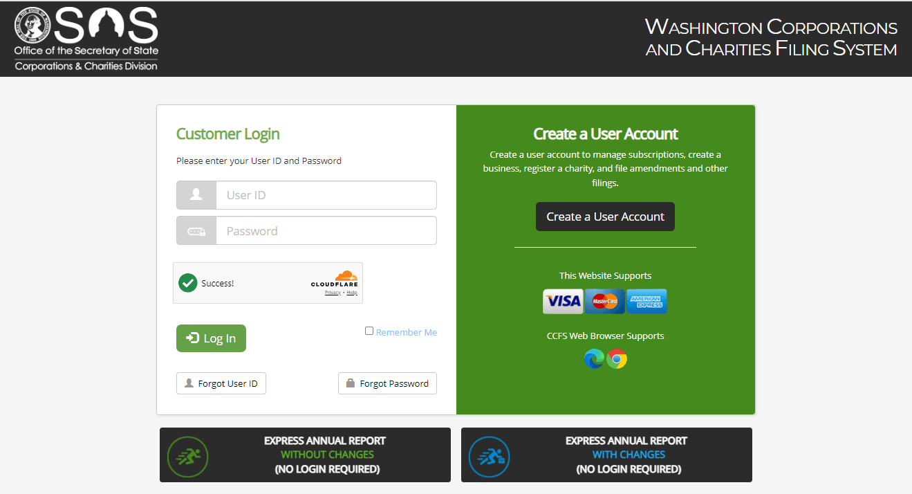 Washington LLC Annual Report: 2026 Fee, Deadline & Filing 1 Washington CCFS account login page