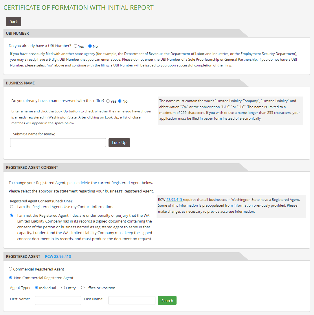 Washington LLC Certificate of Formation with Initial Report filing page on CCFS