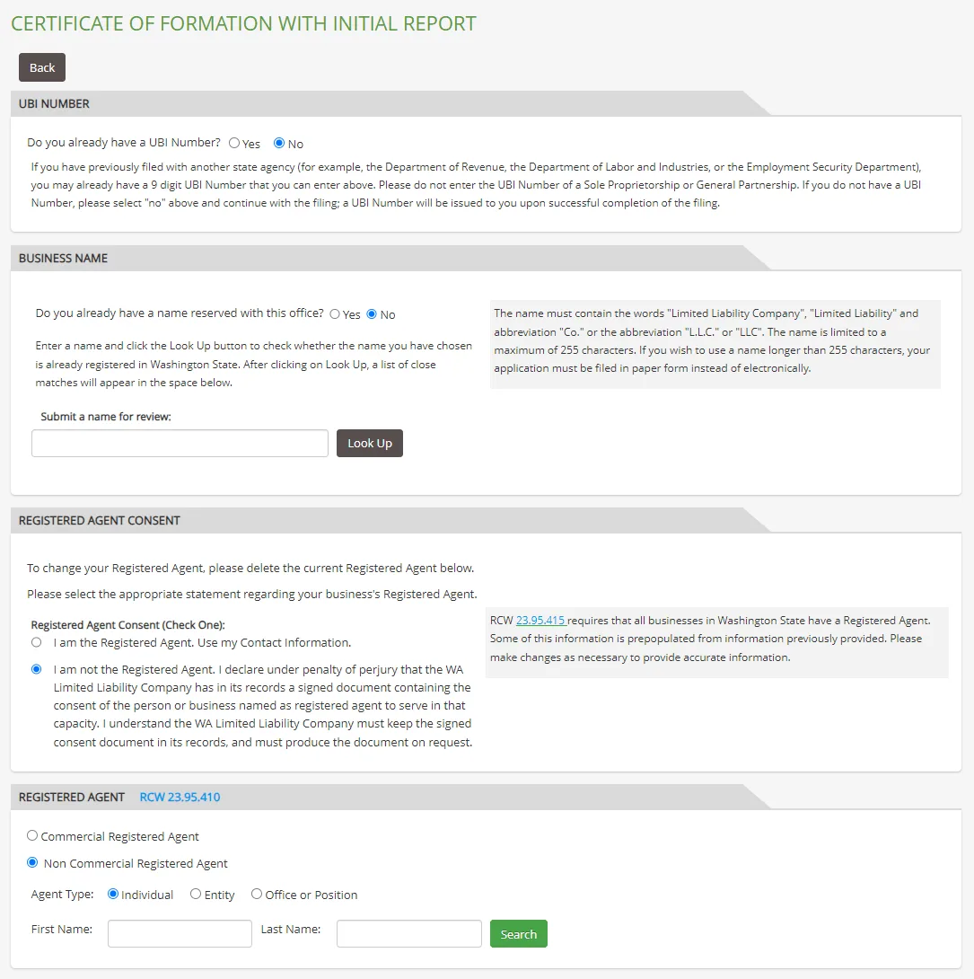 Washington LLC Certificate of Formation with Initial Report filing page on CCFS
