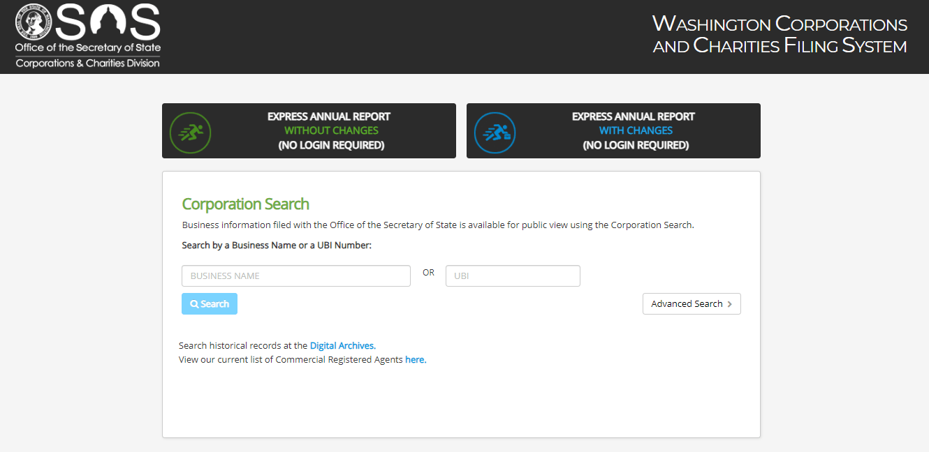 Washington LLC search by UBI number or business name screen