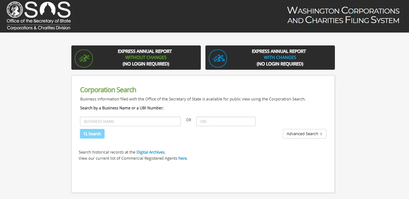 Washington LLC search by UBI number or business name screen