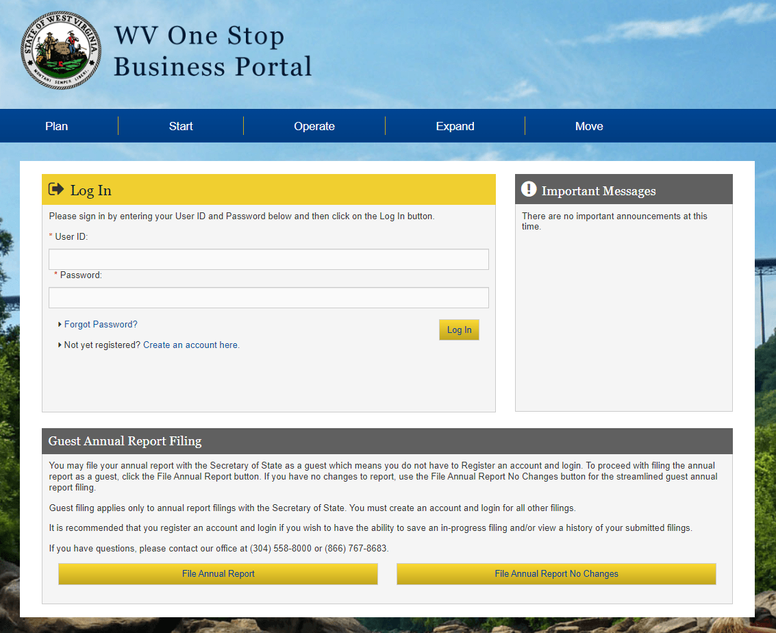 West Virginia LLC Annual Report and 2026 Biennial Update 1 West Virginia One Stop Business Portal annual report filing page