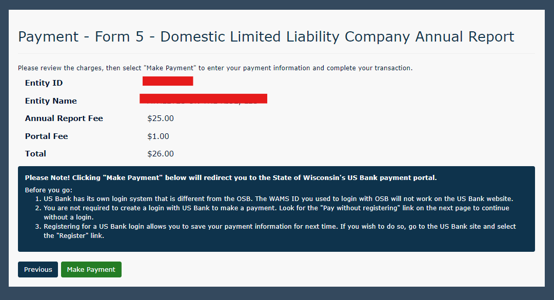 Wisconsin LLC Annual Report: 2026 Fees and Deadlines 7 Wisconsin LLC annual report payment and submission screen