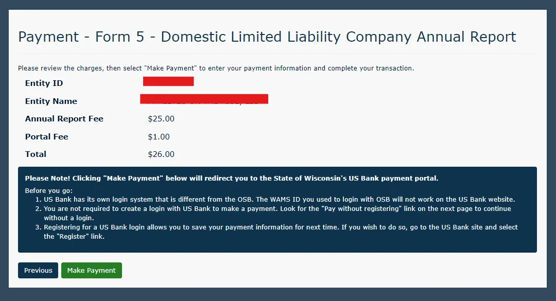 Wisconsin LLC annual report payment and submission screen