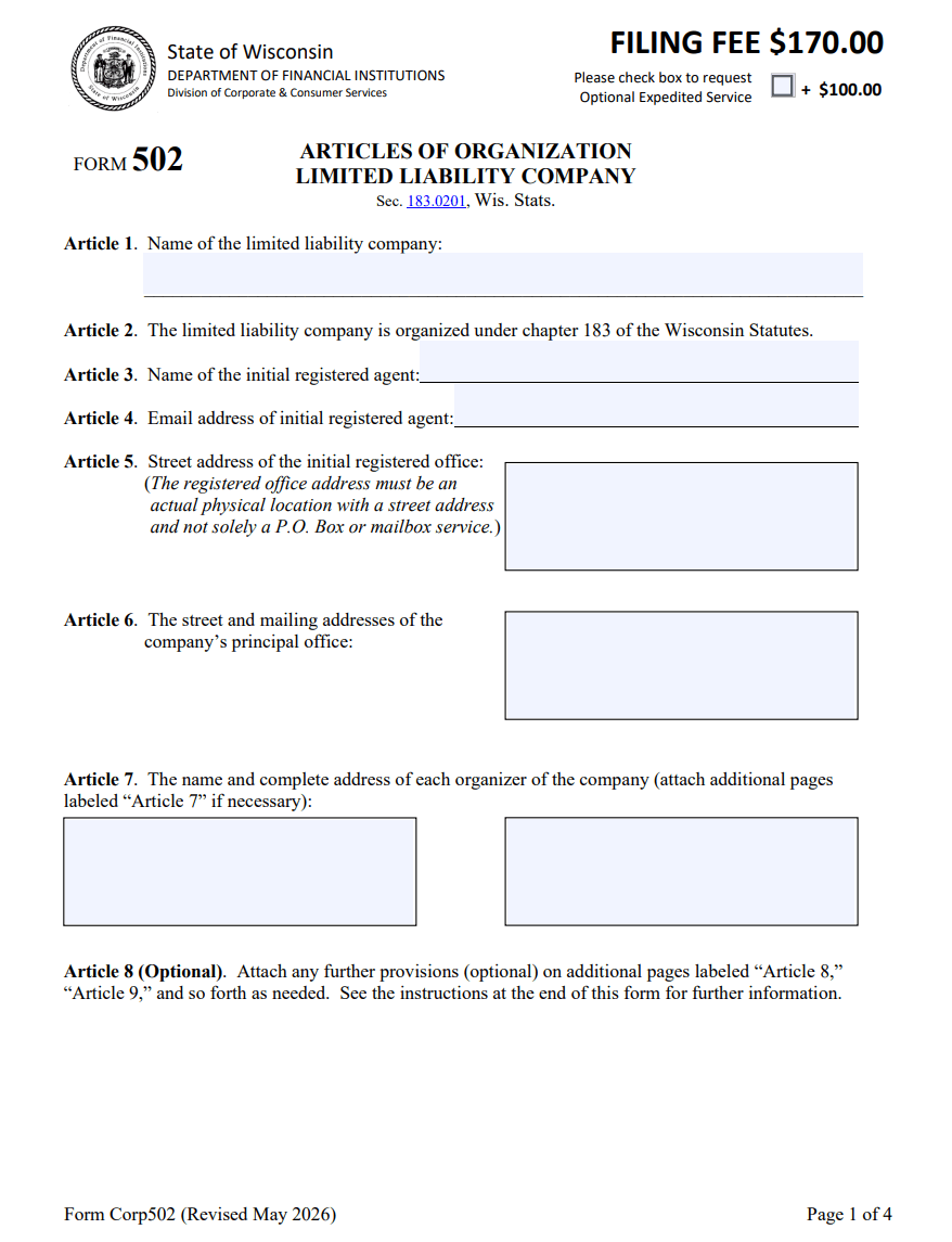 Wisconsin Form 502 Articles of Organization for LLC formation