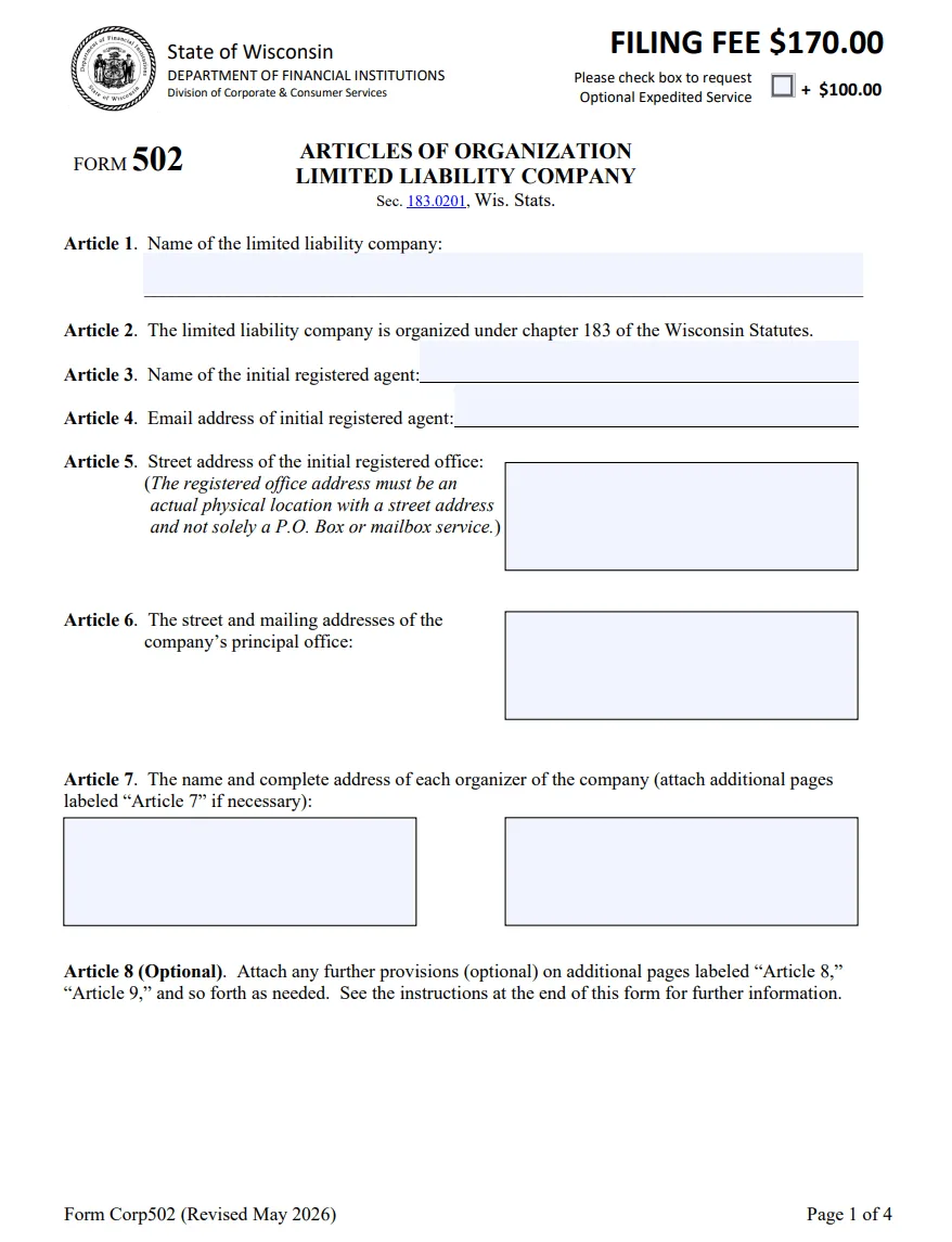 Wisconsin Form 502 Articles of Organization for LLC formation