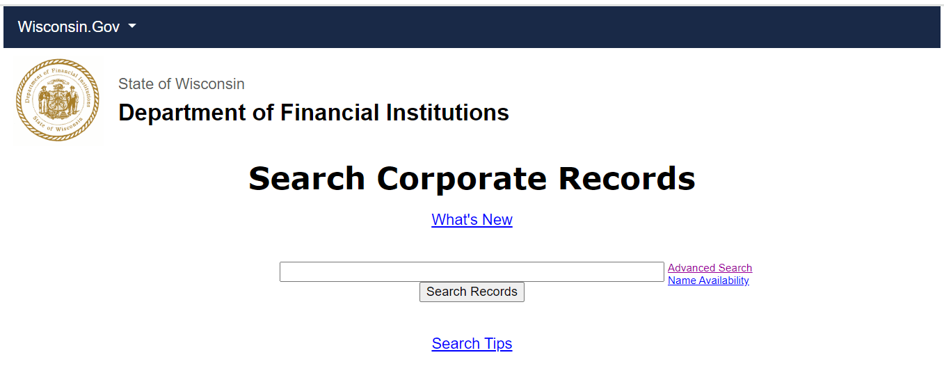 Wisconsin LLC search by name or DFI Entity ID screen
