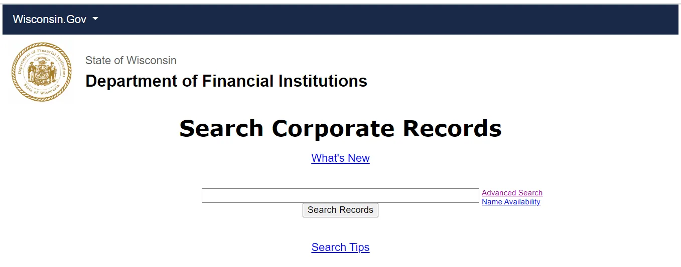 Wisconsin LLC search by name or DFI Entity ID screen