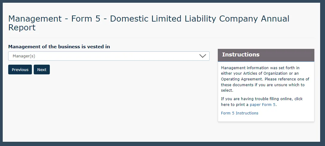 Wisconsin LLC management structure review screen