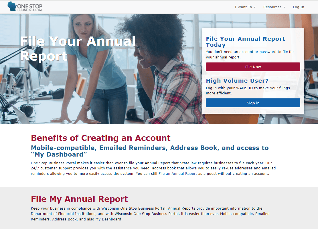 Wisconsin LLC Annual Report: 2026 Fees and Deadlines 1 Wisconsin One Stop Business Portal annual report filing page