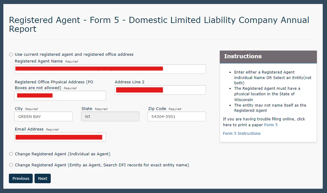 Wisconsin LLC registered agent review screen