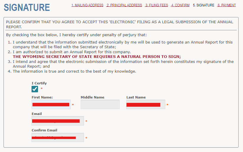 Wyoming LLC Annual Report (2026 Filing & Fee Guide) 7 Wyoming annual report certification under penalty of perjury screen