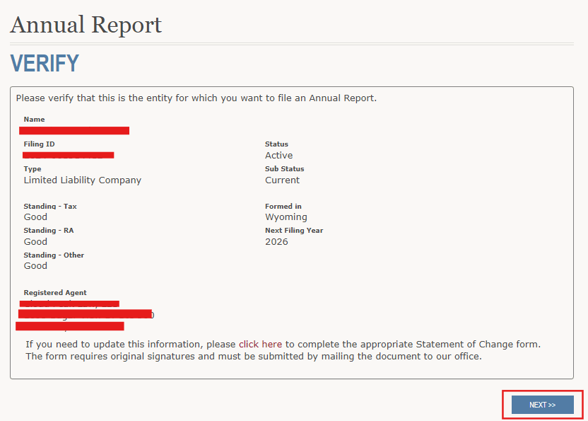 Wyoming LLC Annual Report (2026 Filing & Fee Guide) 2 Wyoming LLC annual report entity confirmation screen