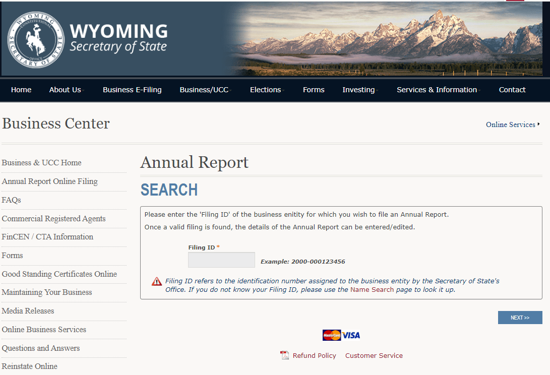Wyoming LLC Annual Report (2026 Filing & Fee Guide) 1 Wyoming Annual Report Wizard Filing ID entry screen