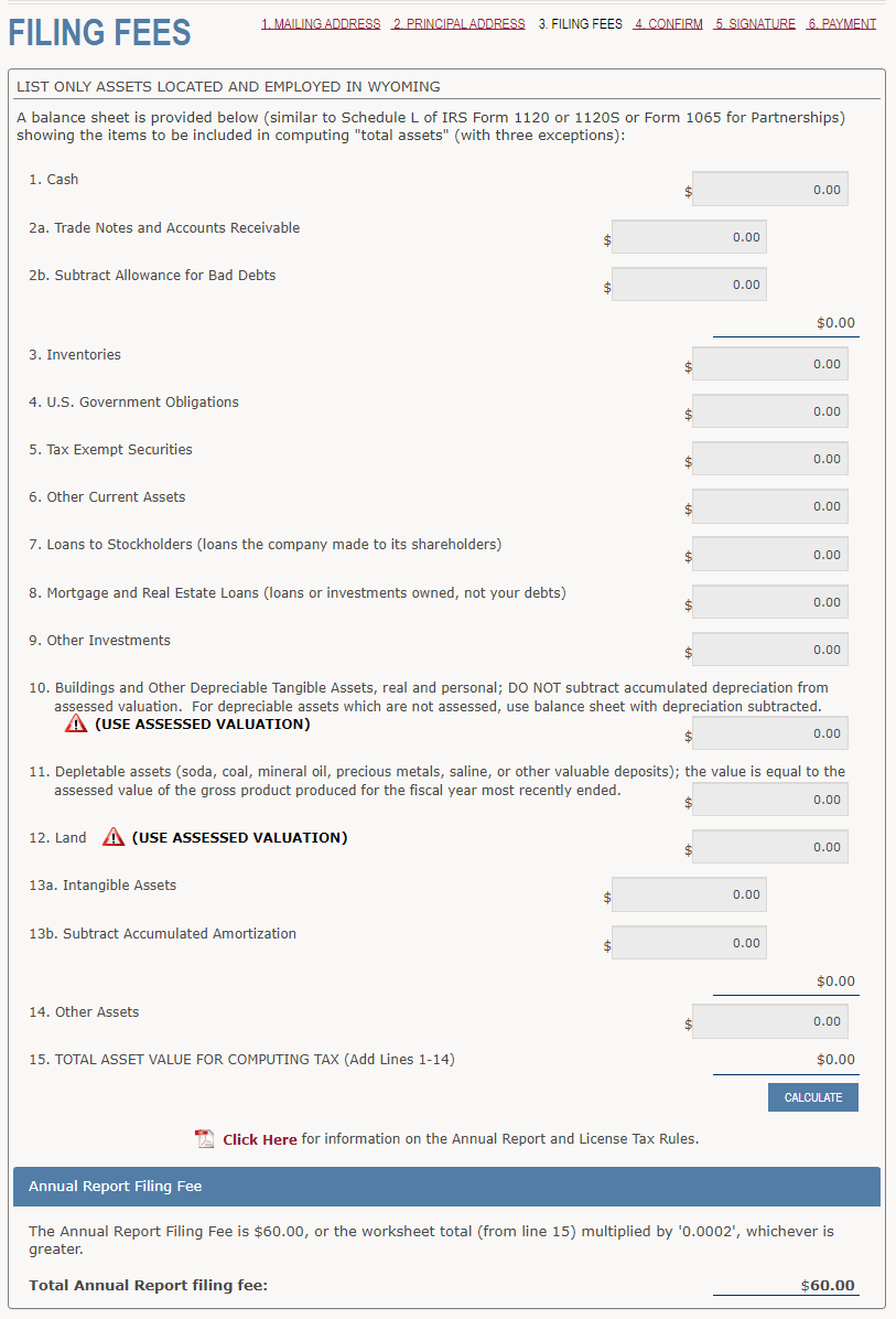 Wyoming LLC Annual Report (2026 Filing & Fee Guide) 5 Wyoming LLC Wyoming assets value entry screen