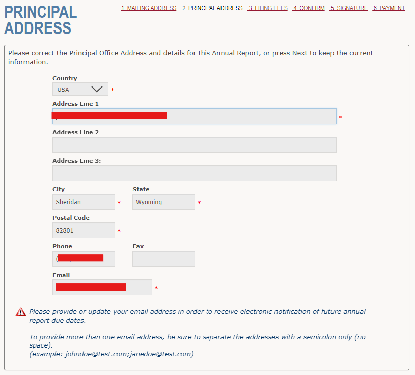 Wyoming LLC Annual Report (2026 Filing & Fee Guide) 4 Wyoming LLC principal office address update screen