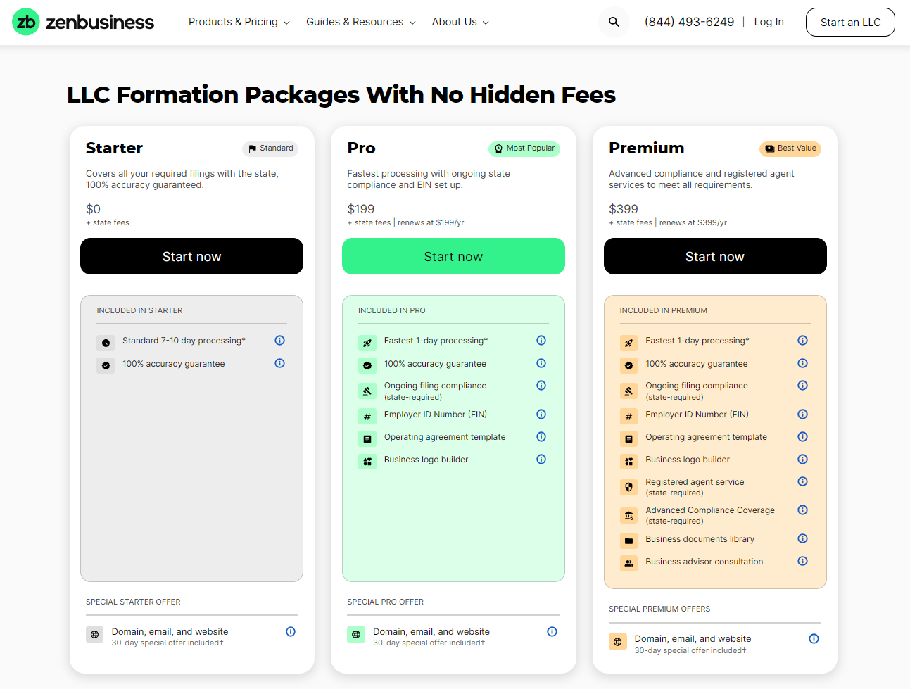 ZenBusiness LLC formation packages and pricing comparison