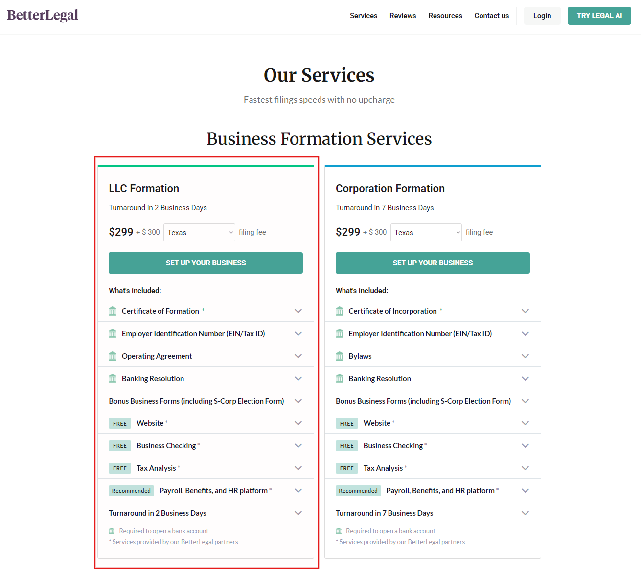 BetterLegal Texas LLC formation service showing a $299 package