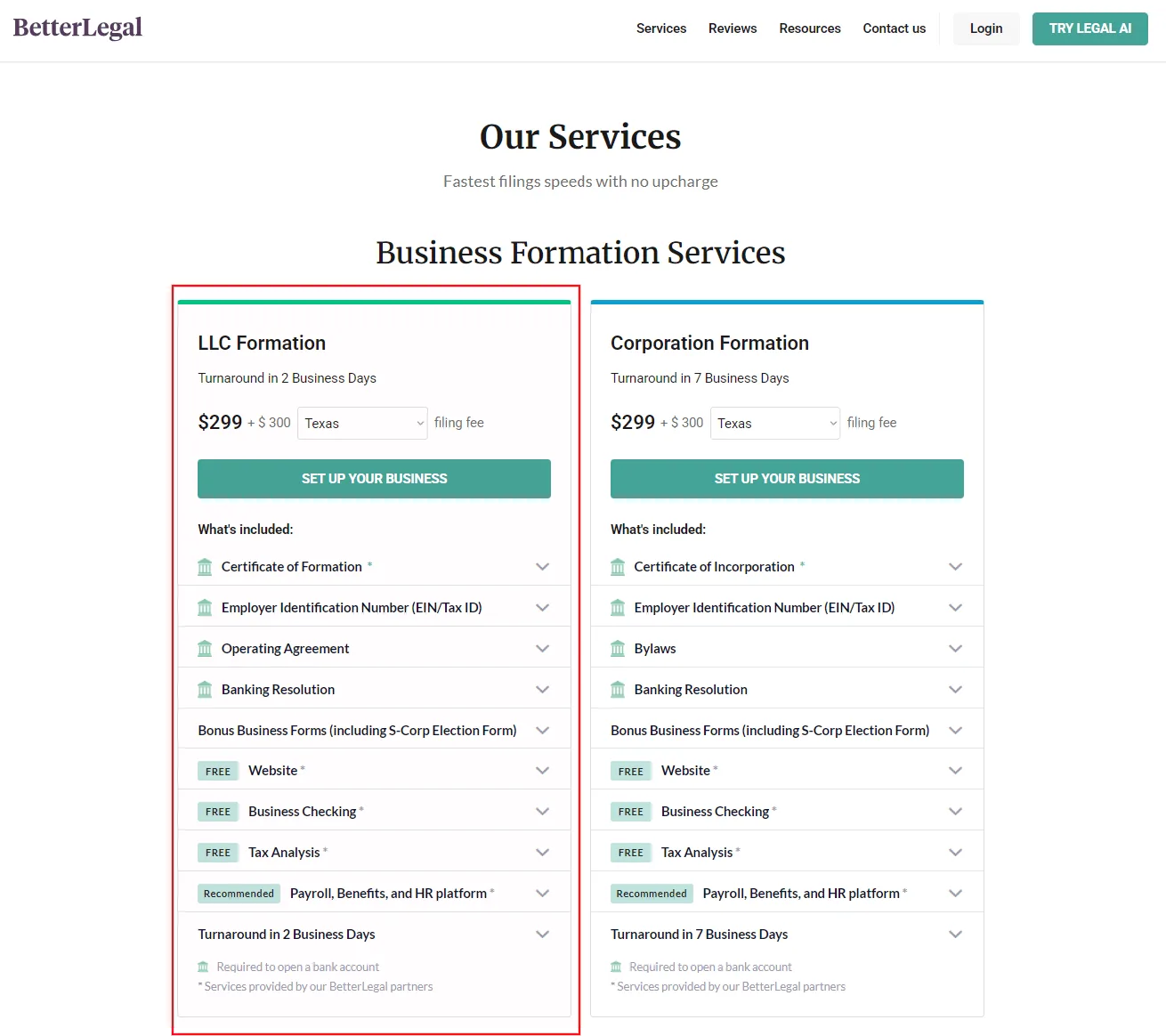 6 Best LLC Services in Texas (2026), Tested and Ranked 6 BetterLegal Texas LLC formation service showing a $299 package