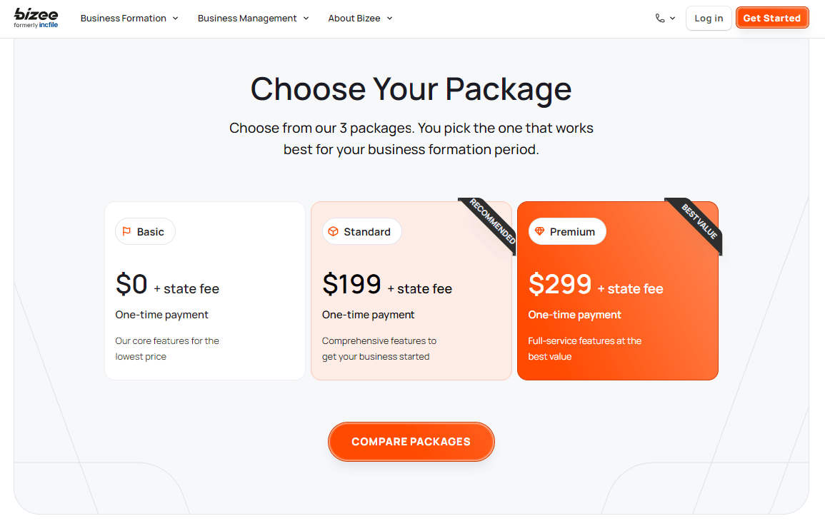 Bizee LLC formation service pricing