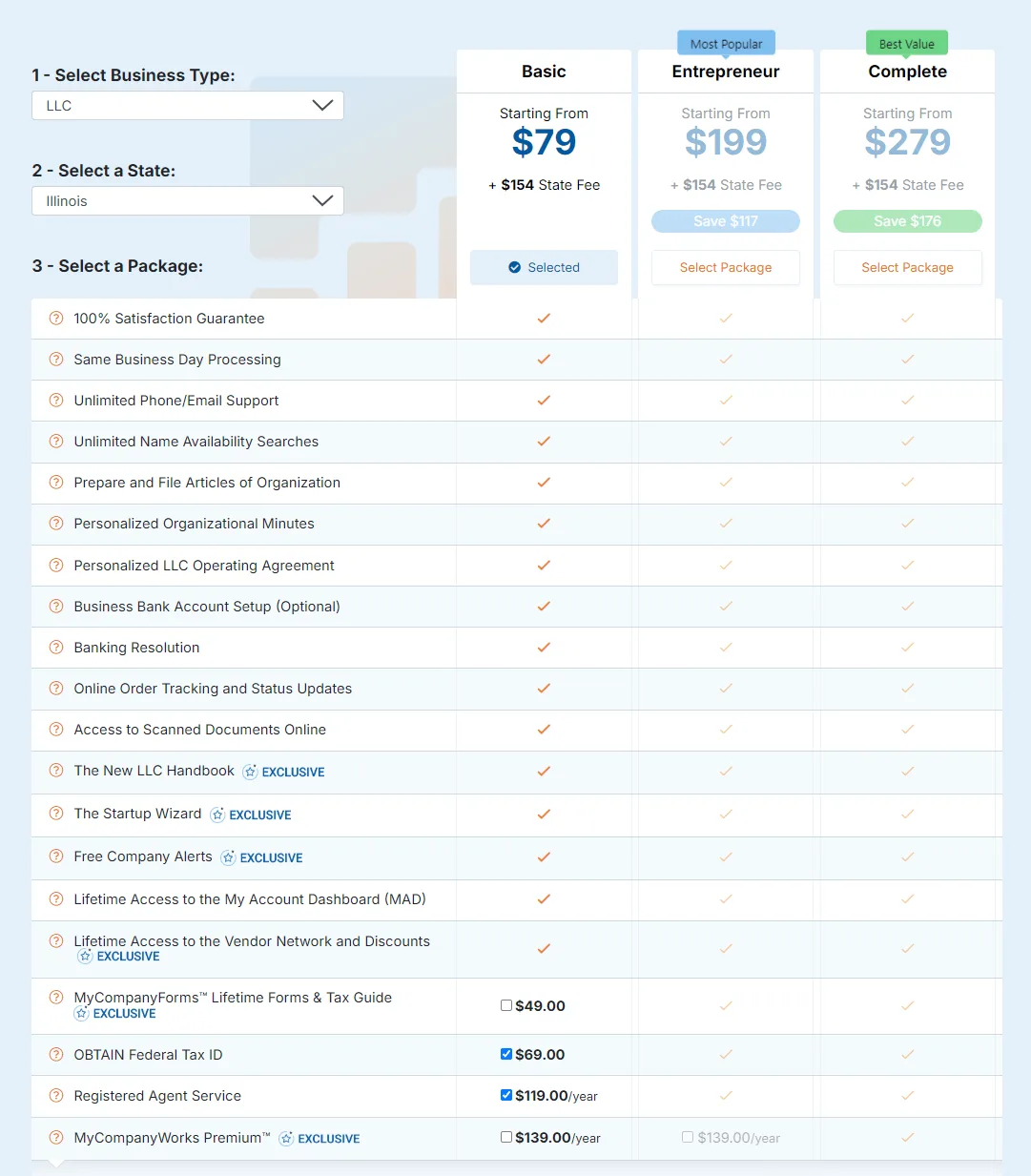 MyCompanyWorks LLC formation service pricing