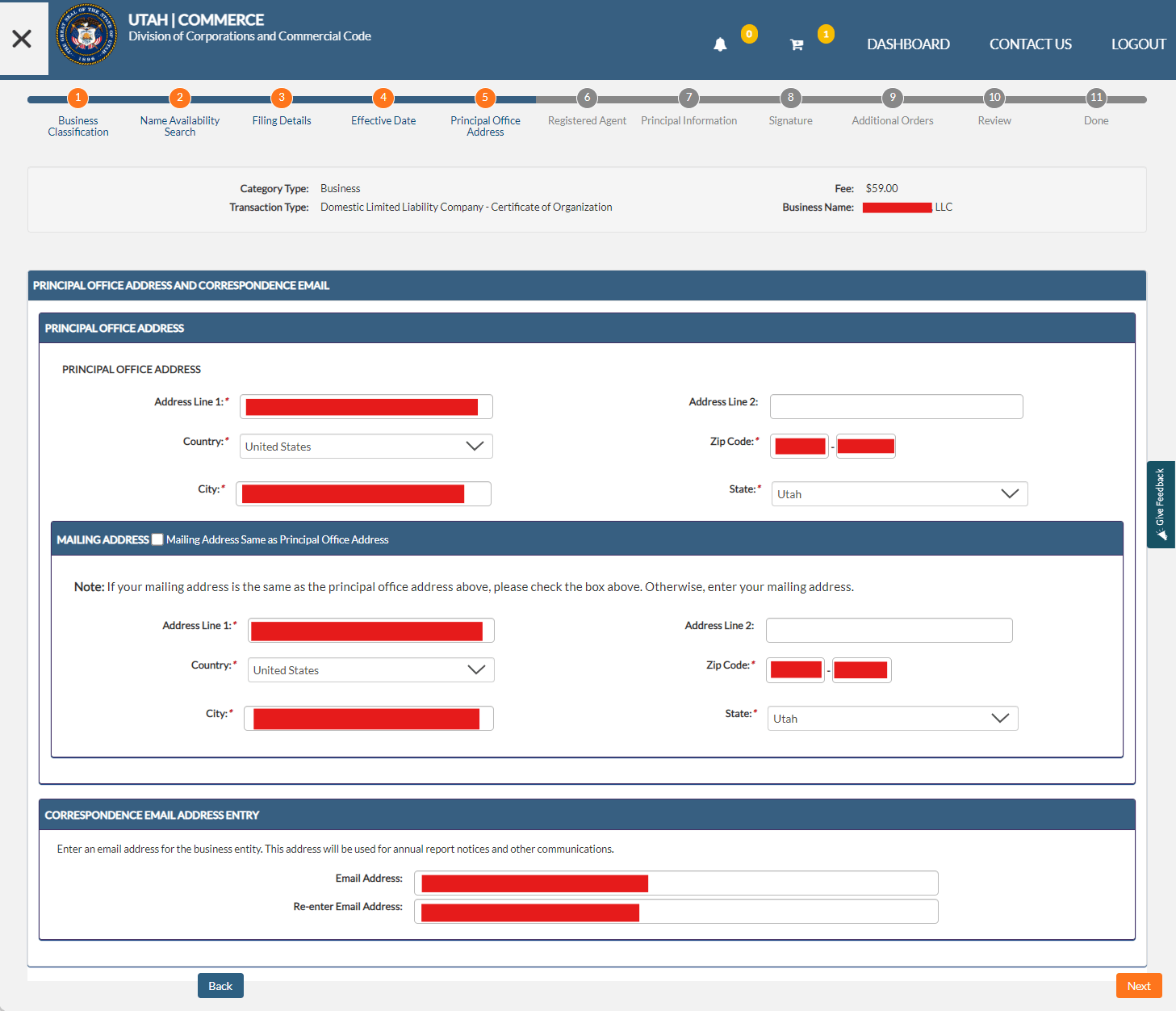 Utah online Certificate of Organization filing through the Business Registration System