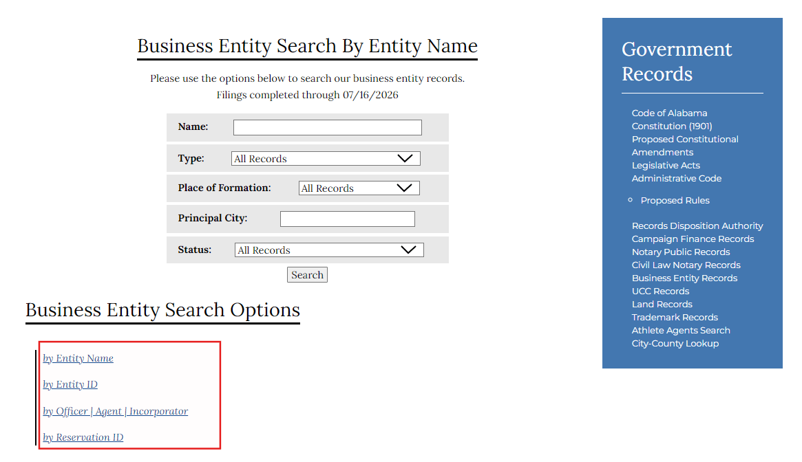 Alabama LLC Formation: File Your Certificate of Formation 1 Alabama Secretary of State business entity search options