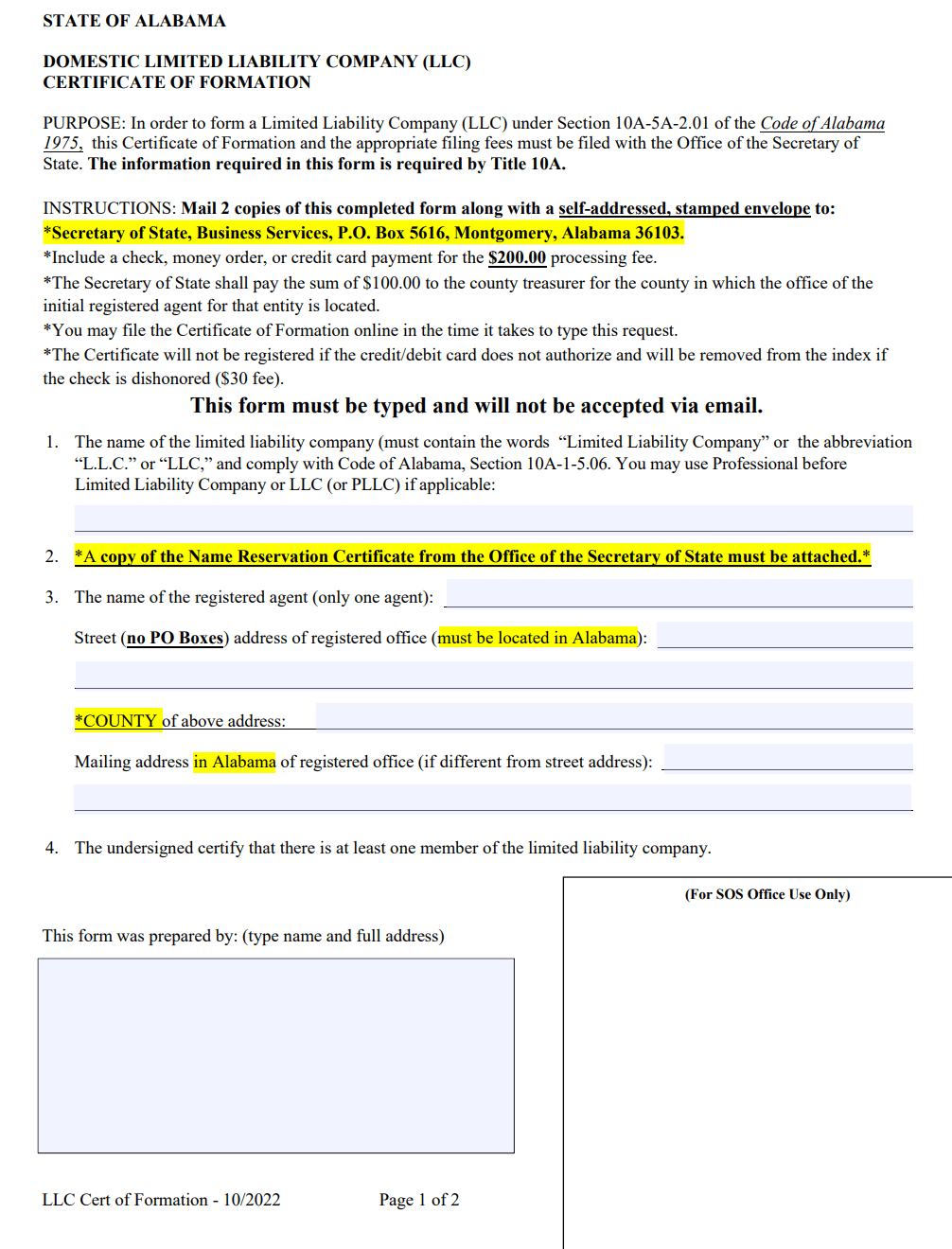 Alabama LLC Formation: File Your Certificate of Formation 2 Alabama LLC Certificate of Formation form