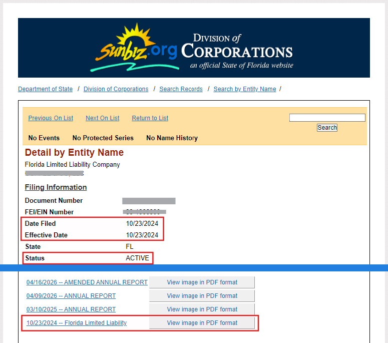 Florida LLC Sunbiz record showing active status and filed date