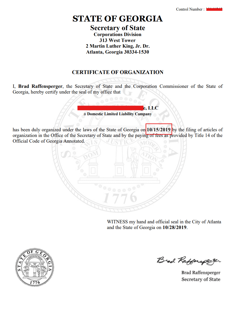 Georgia LLC Certificate of Organization showing approval date