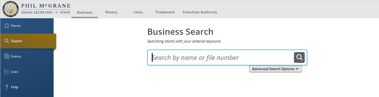 Idaho Secretary of State SOSBiz business search page