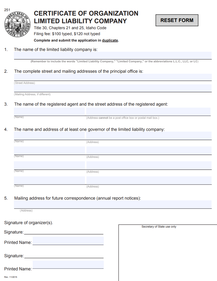 Idaho LLC Certificate of Organization form
